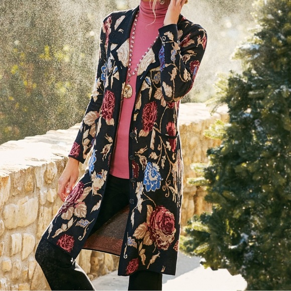 Soft Surroundings Glasgow Sweater coat Women Size Large Black Floral Longline - Picture 4 of 13